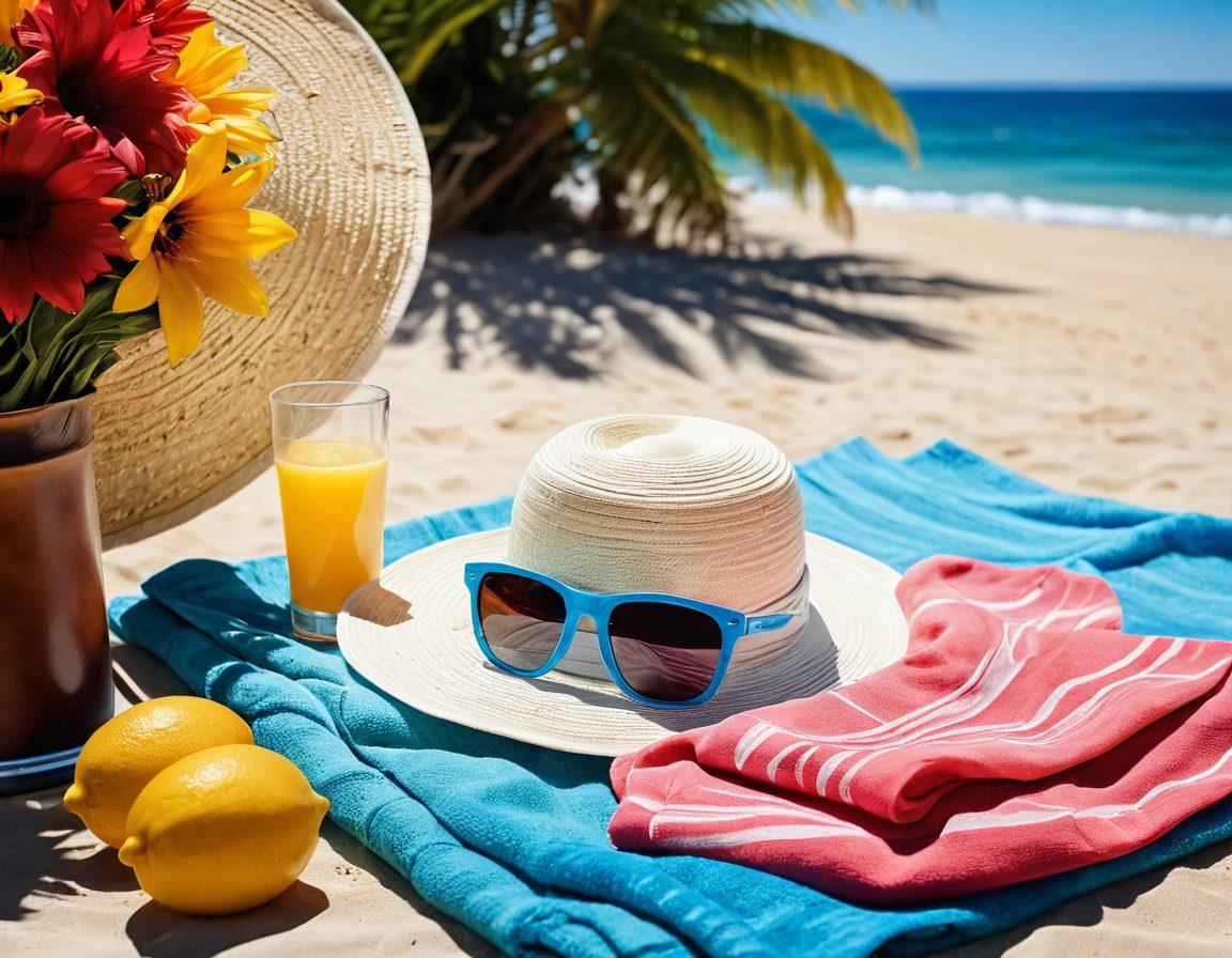 A vibrant summer scene featuring a stylish beach setup with colorful towels and sunglasses, a wide-brimmed hat, and refreshing drinks around. The sun is shining brightly, casting vivid shadows, and beachgoers are enjoying the warmth. Include tropical flowers and a bright blue ocean in the background. super-realistic. vibrant colors. sunny atmosphere.