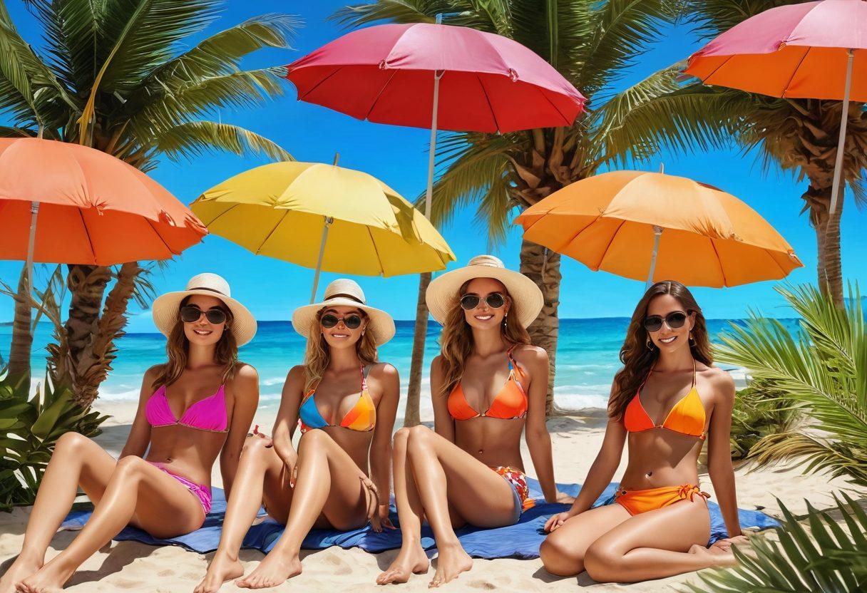 A vibrant beach scene showcasing diverse women in stylish, eye-catching bikinis, lounging under colorful umbrellas, with tropical palm trees swaying in the background. Incorporate elements like beach accessories, sun hats, and sunglasses to emphasize summer fashion trends. The sun shines bright, creating a fun and lively atmosphere. super-realistic. vibrant colors. summer vibe.