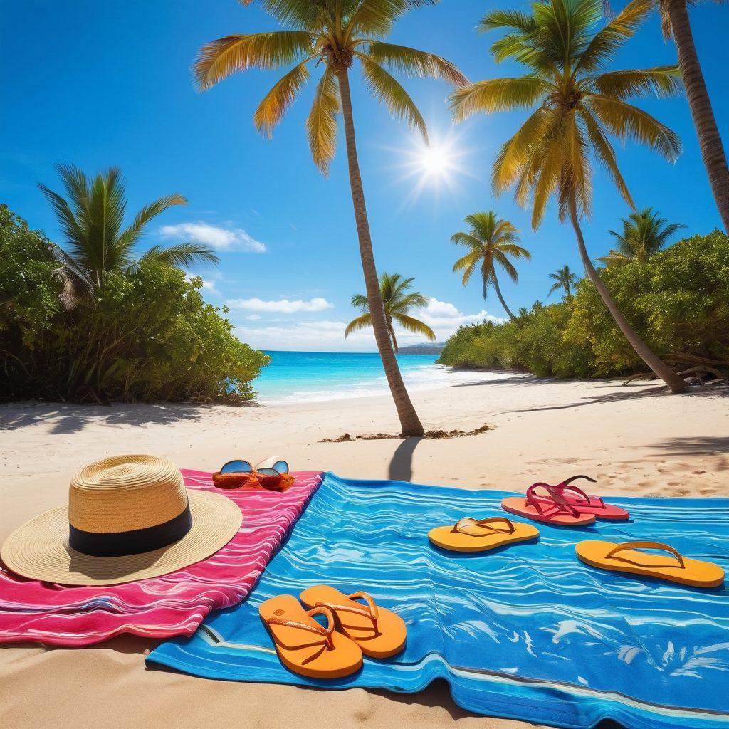A vibrant beach scene featuring stylish swimwear displayed on sun-kissed sand, surrounded by tropical fashion essentials like hats, sunglasses, and beach bags. Palm trees sway in the background under a brilliant blue sky, while colorful beach towels and flip-flops add a playful touch. A bright sun casts warm light, inviting the viewer to dive into the summer vibes. super-realistic. vibrant colors. tropical theme.